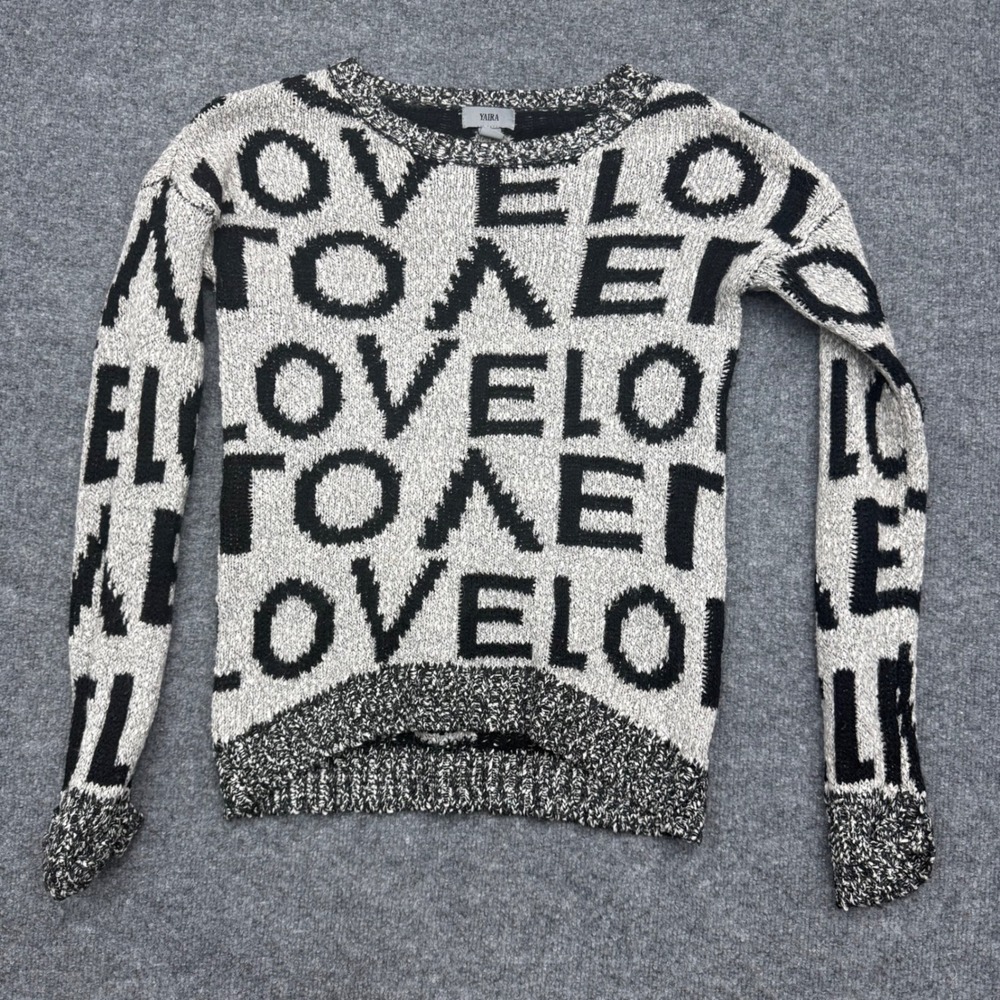 Yaira Womens‎ Love Graphic Intarsia Knit Sweater Black White Marled Size Medium